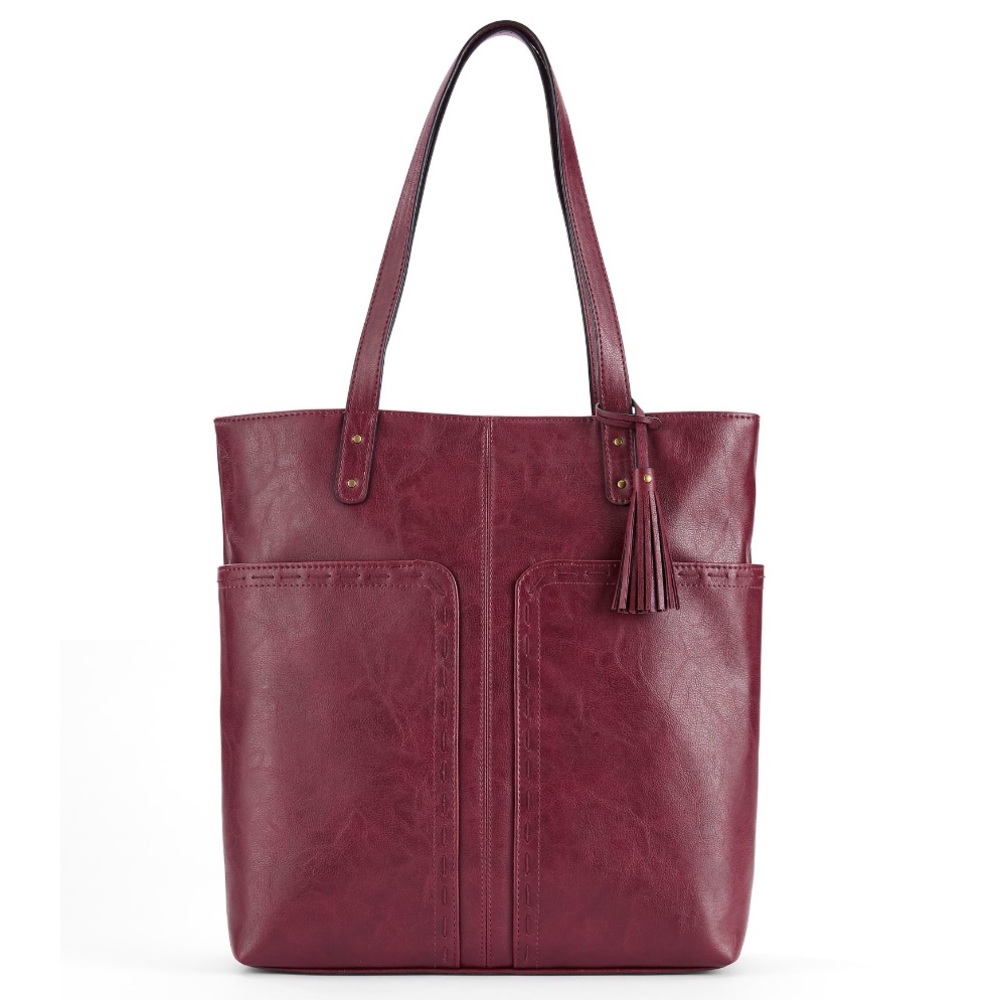 NWT BURGUNDY FAUX LEATHER STITCHED HANDBAG